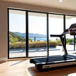 **A modern home gym featuring a sleek treadmill. Focus on the display showing calorie burn and motivating workout stats. Soft, natural lighting.** (This is for the "ダイエット目的の場合" section, aiming for a motivational image).