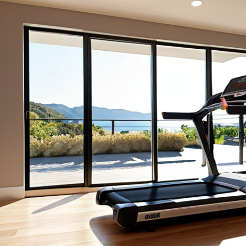 **A modern home gym featuring a sleek treadmill. Focus on the display showing calorie burn and motivating workout stats. Soft, natural lighting.** (This is for the "ダイエット目的の場合" section, aiming for a motivational image).