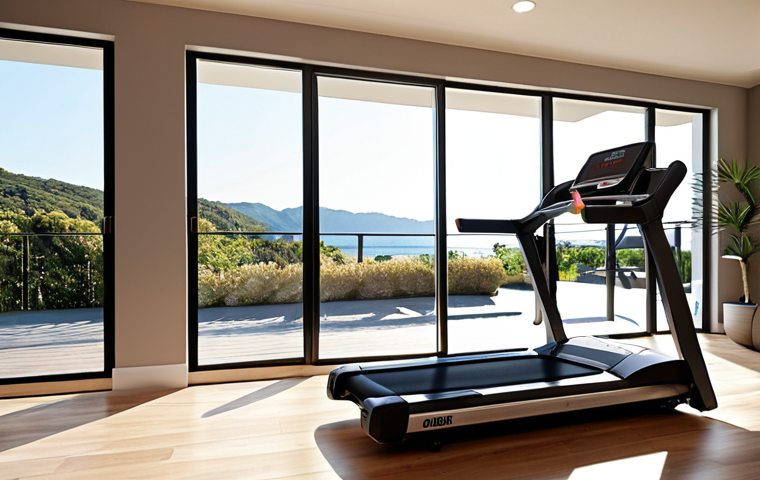 **A modern home gym featuring a sleek treadmill. Focus on the display showing calorie burn and motivating workout stats. Soft, natural lighting.** (This is for the "ダイエット目的の場合" section, aiming for a motivational image).